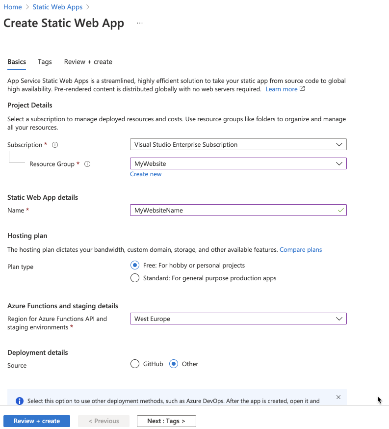 “Azure - Create Static Web App”