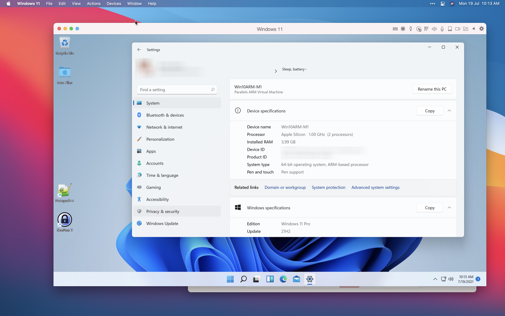 MacBook Pro M1 running Windows 11